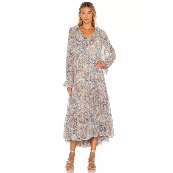 Free People Feeling Groovy Tiered Bell Sleeve Floral Casual Maxi Dress Blue S - Picture 2 of 12